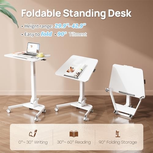Foldable Mobile Standing Desk, 90 Tiltable Rolling Standing Desk, Height White