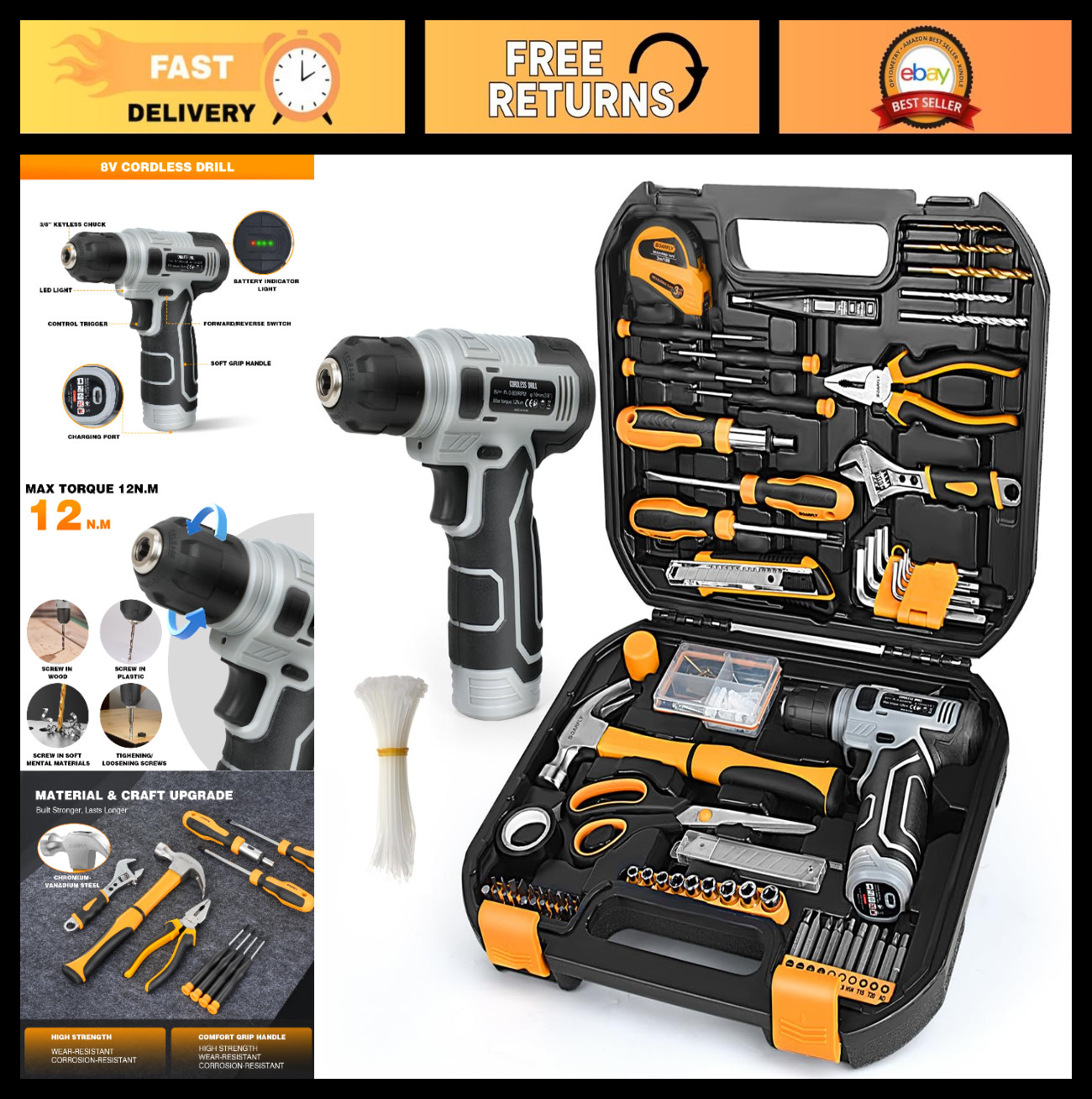 180-Piece Tool Set with 8V Cordless Drill, DIY Hand Tool Kit for Home Repairs