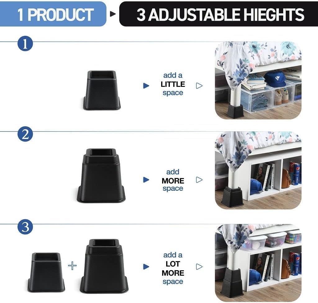 Adjustable Stackable Bed Frame Risers for Elevation & Under-Bed Storage - Heavy-