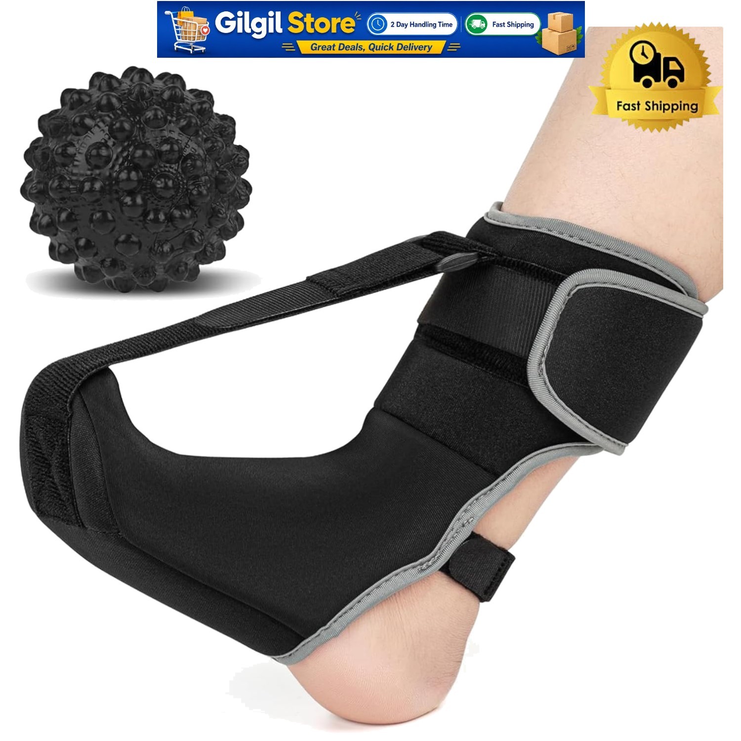 Plantar Fasciitis Night Splint Sock for Adults - Soft Foot Brace & Massage Ball