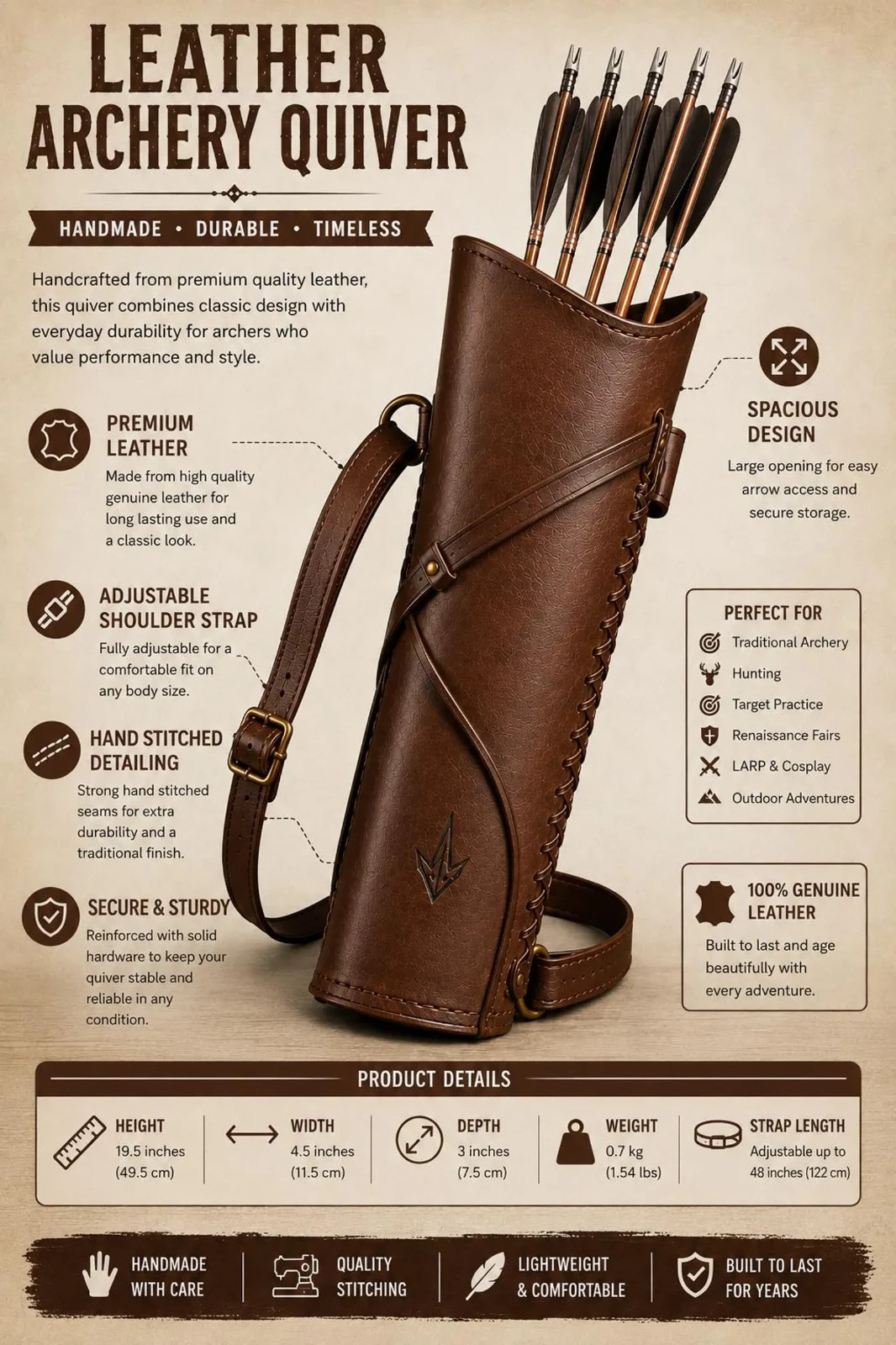 Handmade Brown Leather Archery Quiver Adjustable Shoulder Strap Traditional