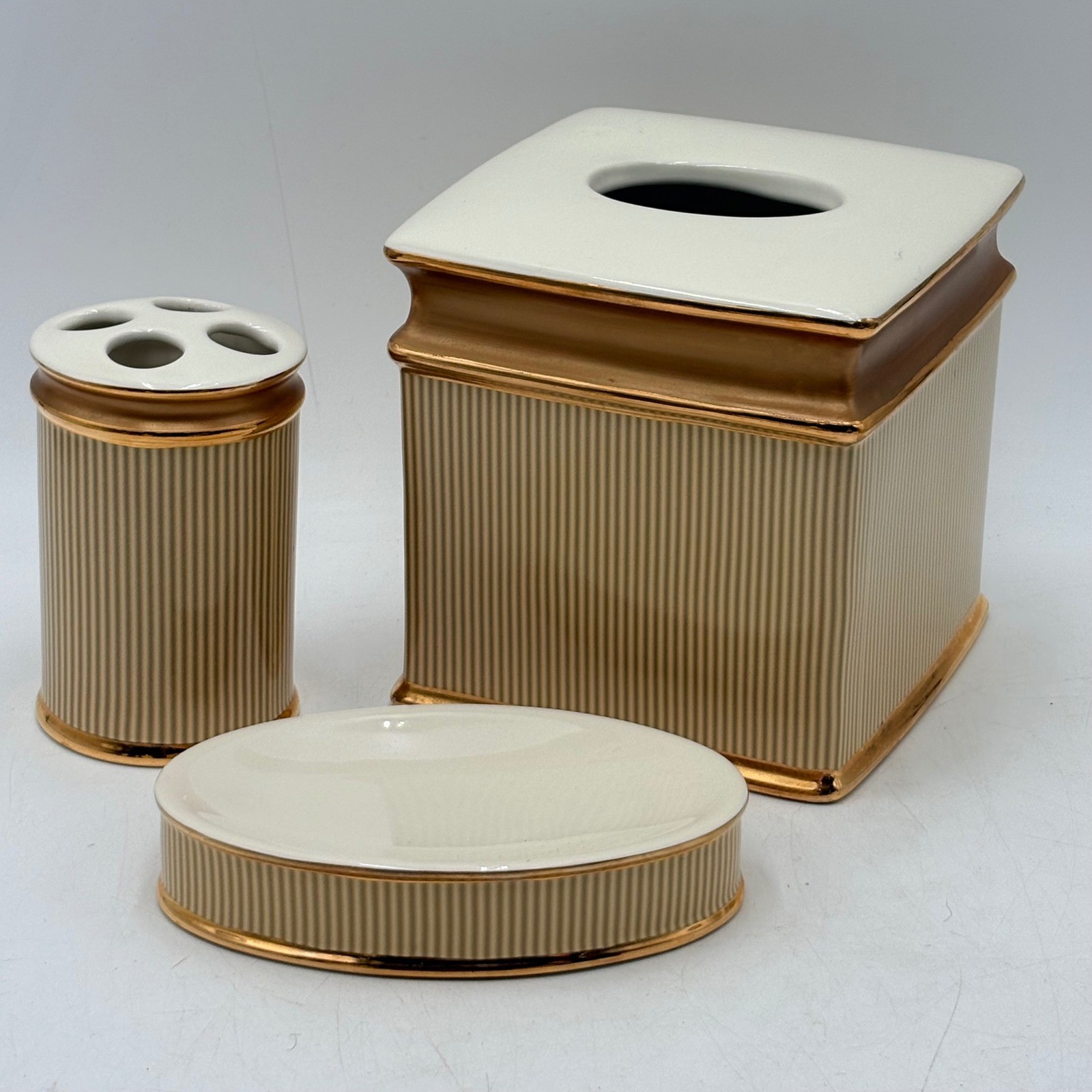 Veratex Fortuny 3pc Bathroom Set Tissue Cover Toothbrush Holder Soap Dish Gold