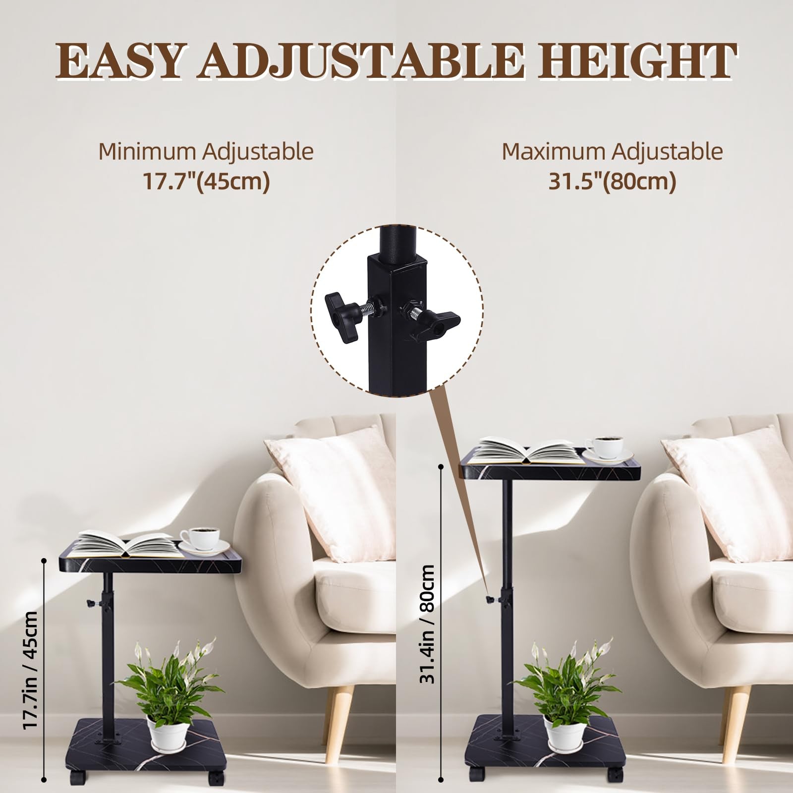 Black C Shaped End Side Table Adjustable Height 360 Swivel TV Tray Table