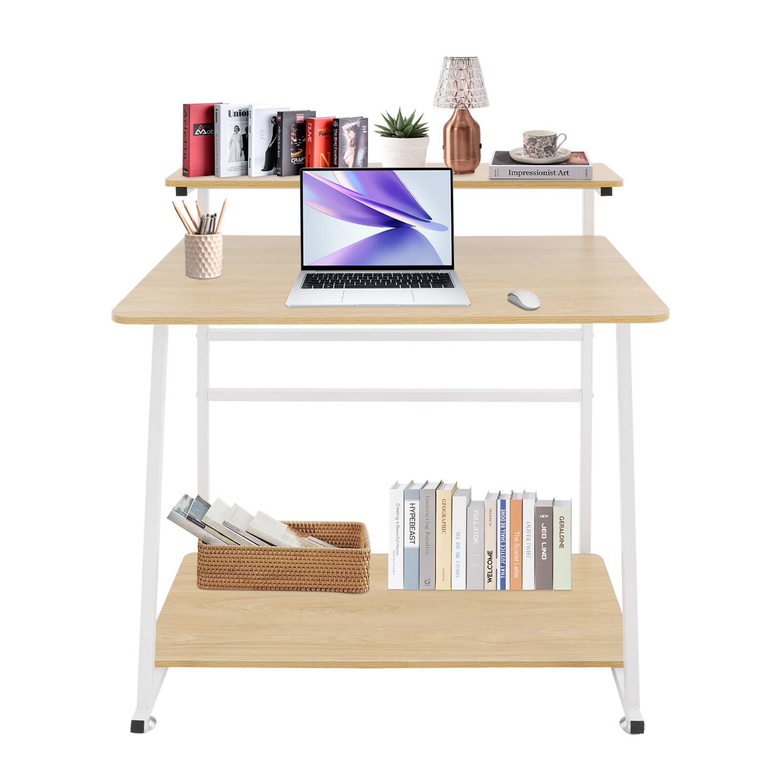 3-tier Computer Desk, Home Office Desk, Rolling Computer Desk, White, Log Color