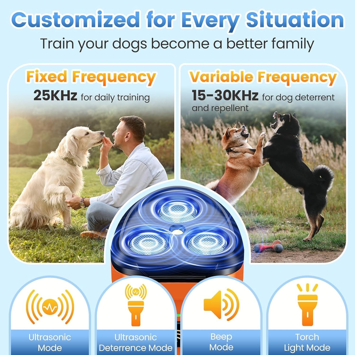 Humane 5-Mode Dog Bark Control Device - 50FT Range with Flashlight Included