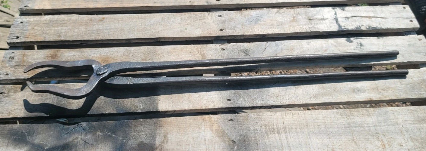 Large Antique Blacksmith Tongs Hand Forged Primitive Iron Farrier Tool 35"