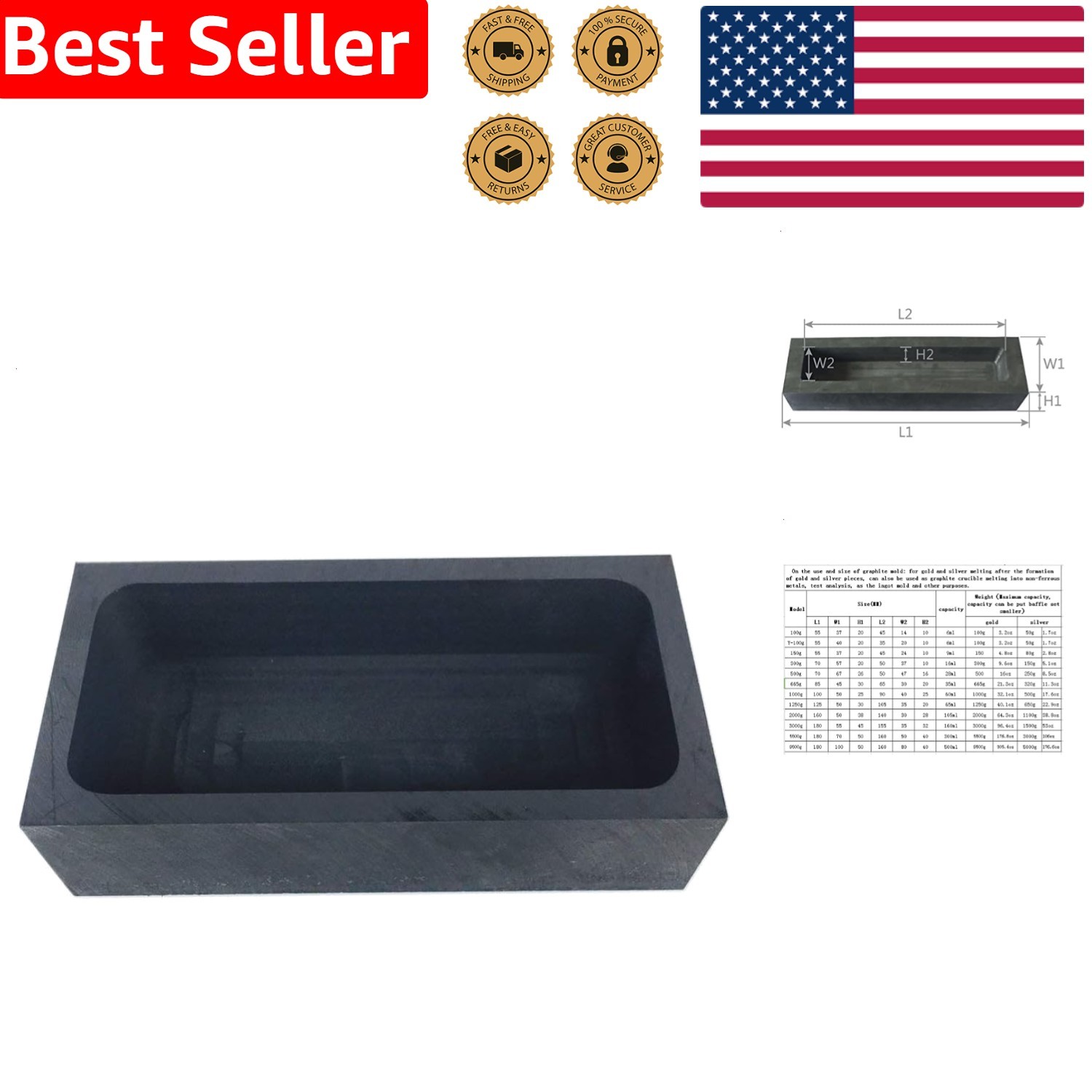 Gold Silver Graphite Ingot Mold Crucible for Melting Casting Refining 1kg