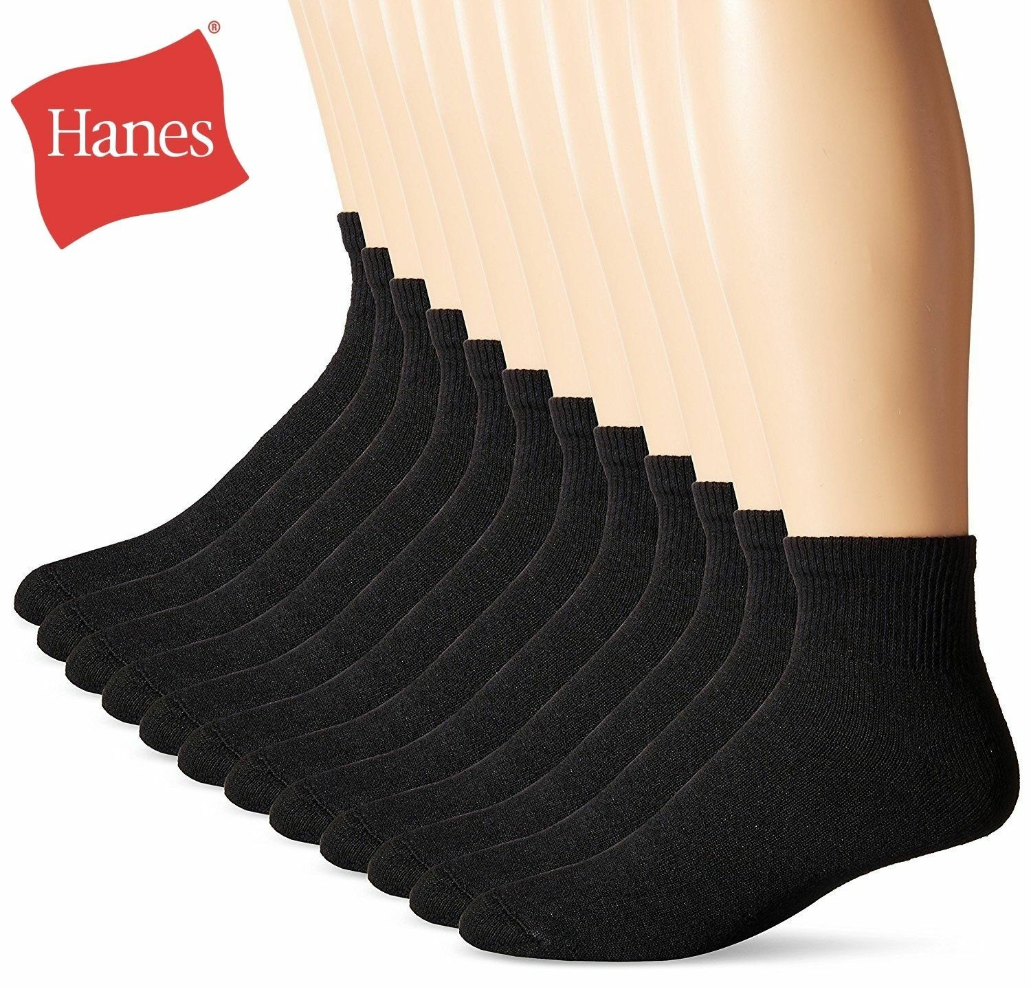 Hanes Men's Cushion Ankle Socks (Size 6-12, 6-Pack) Black White
