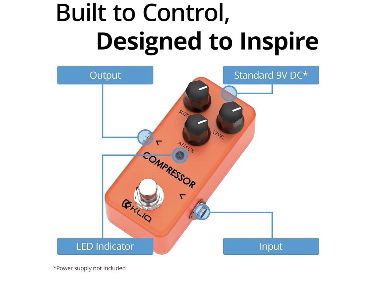 KLIQ Tiny-Compressor Effect Pedal for Guitar & Bass Compressor (Orange)