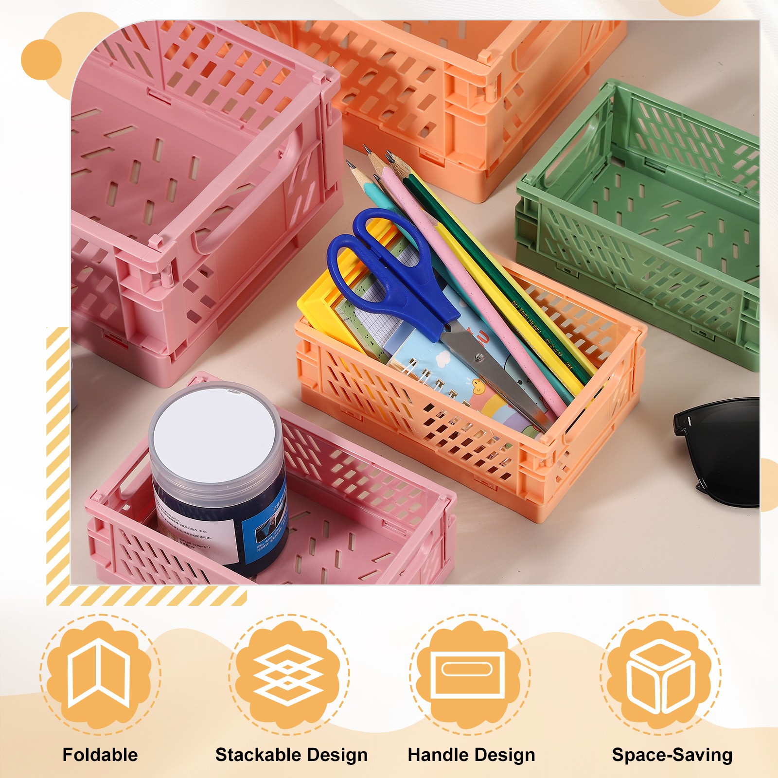 2Pcs Plastic Storage Baskets, Stackable Bins(6 x 3.9 x 2.4", Pink)