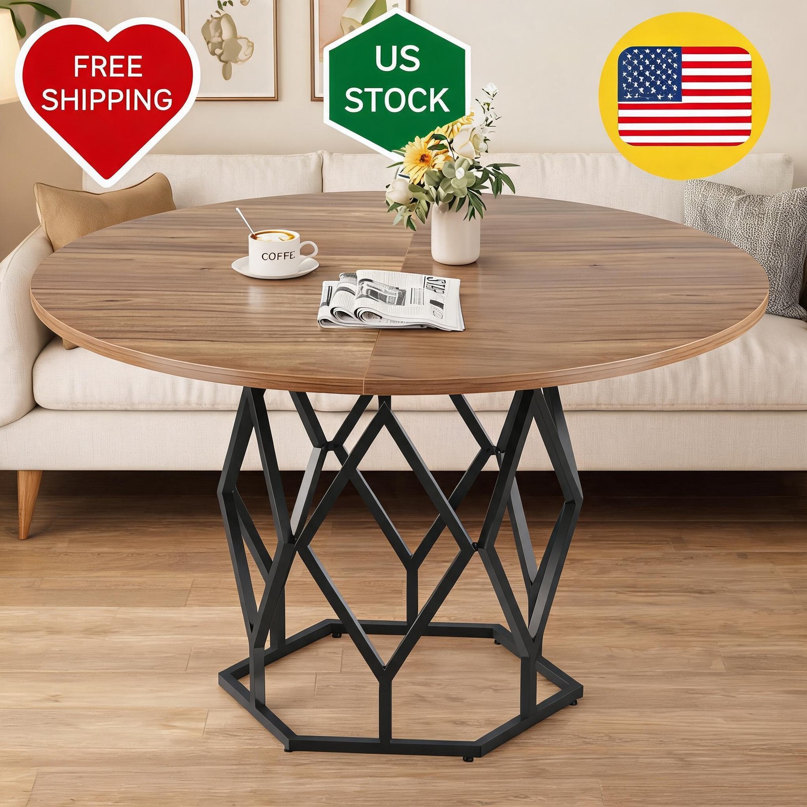 47'' Round Dining Table,Rust-Proof Metal Base, Stable Streamlined Design for 4-6