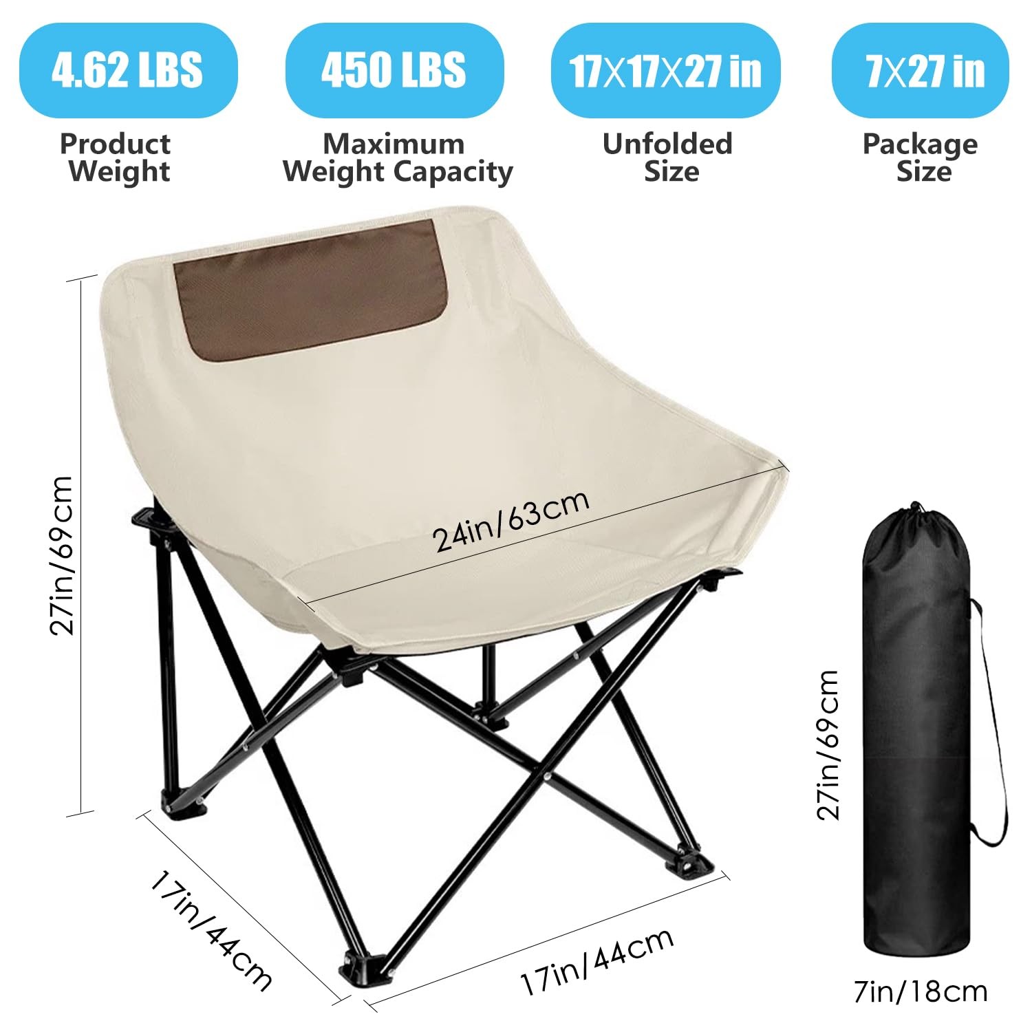 Ultralight Folding Camping Chair, 450 lbs Capacity, Off-white, Solid, Adult, ...