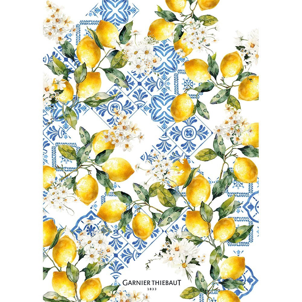 Citrons azulejos Tea Towel in linen/cotton blend by Garnier Thiebaut France