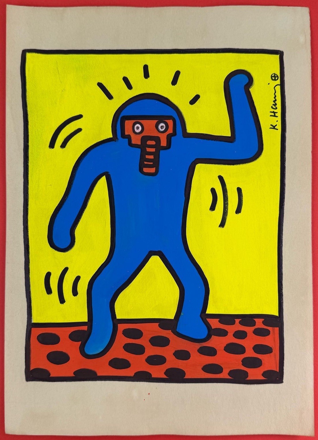 Keith Haring (Handmade) Mixed Media on Paper Painting signed and stamped