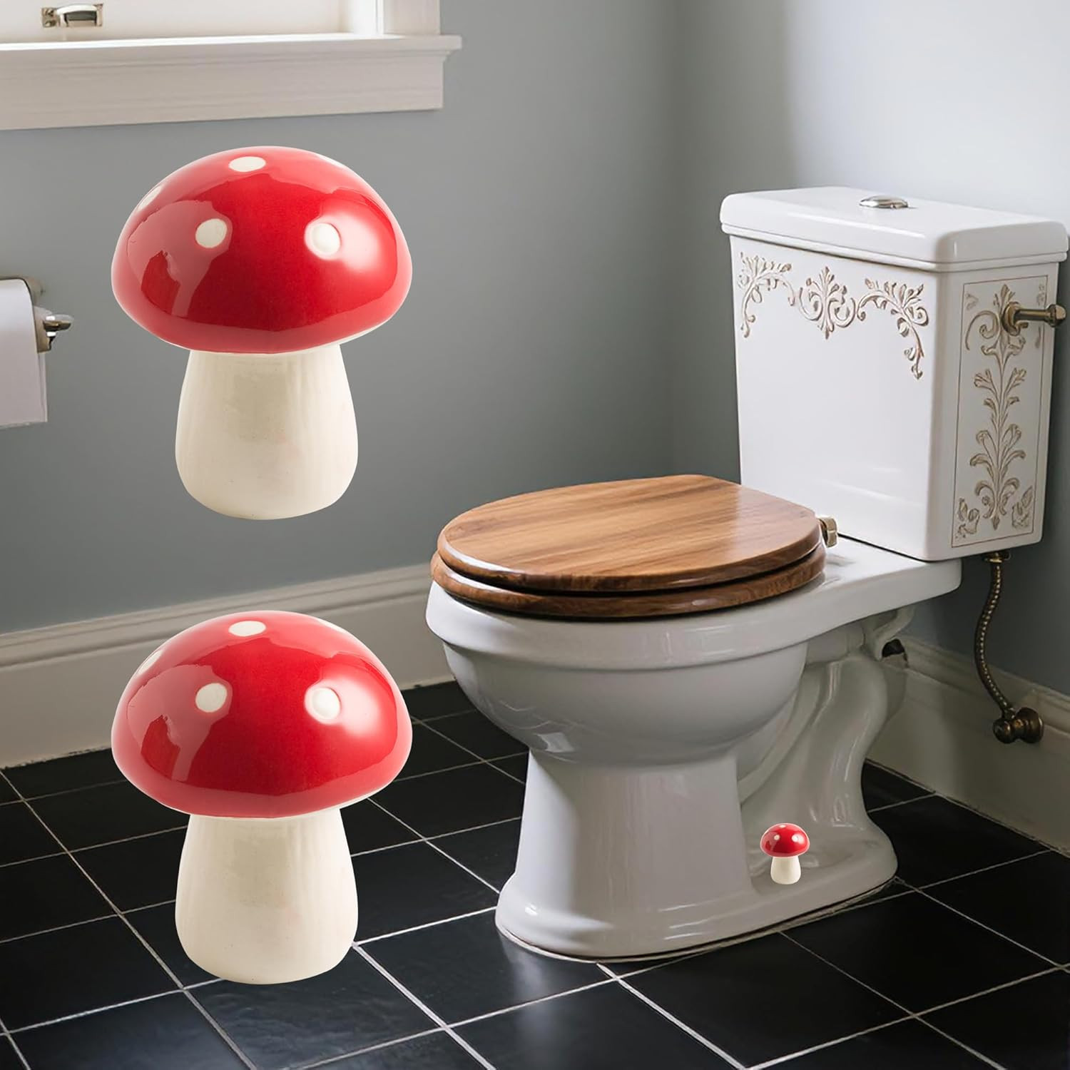Set of 2 Ceramic Mushroom Toilet Bolt Covers Red Decorative Floor Bolt Caps Deco