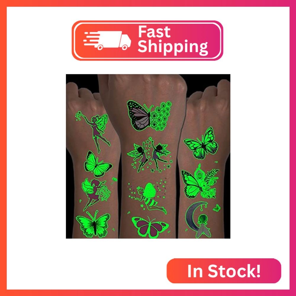 CHARLENT Luminous Butterfly Tattoos for Kids - 14 Sheets Glow in The Dark Butter