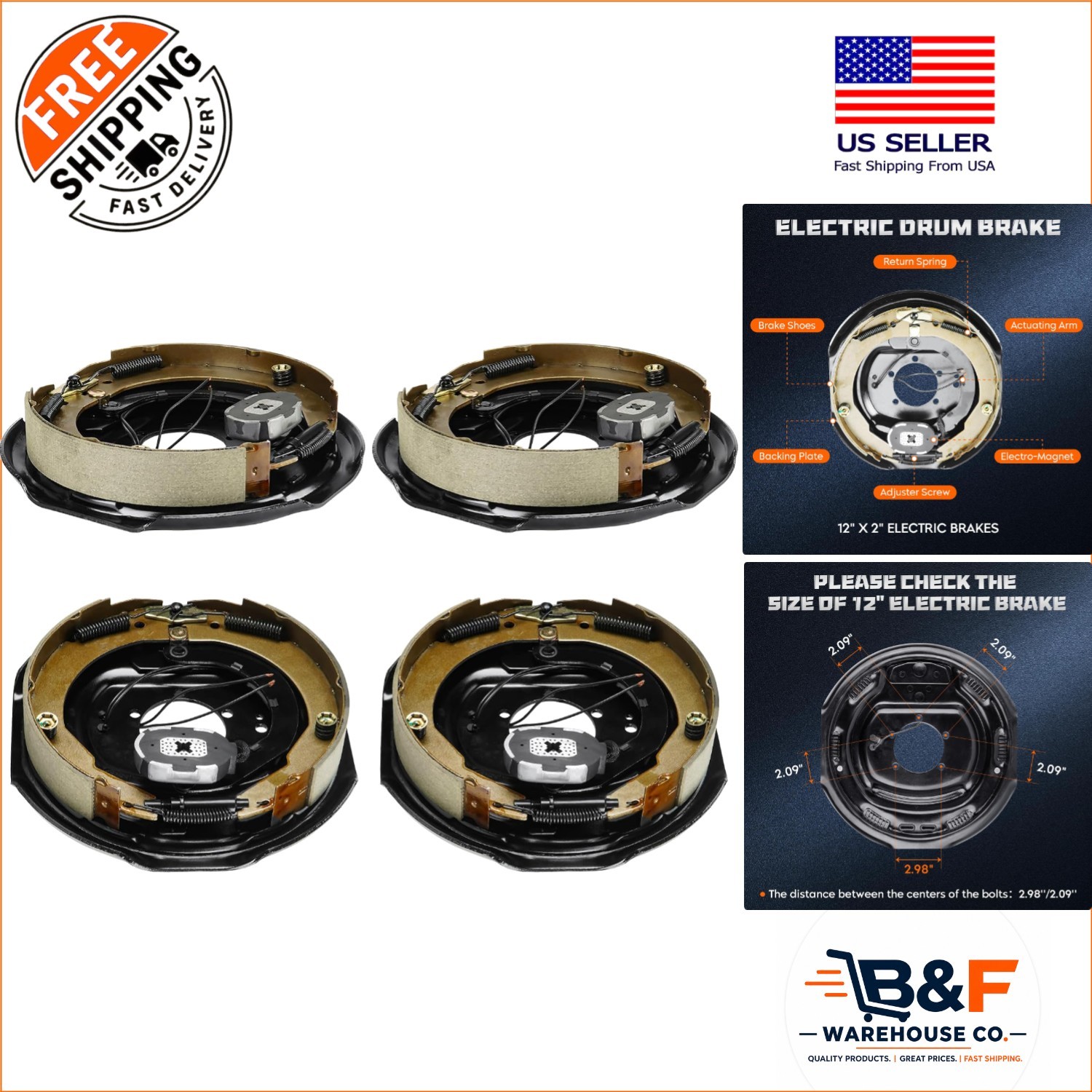 Durable 12" Electric Trailer Brake Kit - Direct Fit for 5,200 to 7,000 lbs Axles