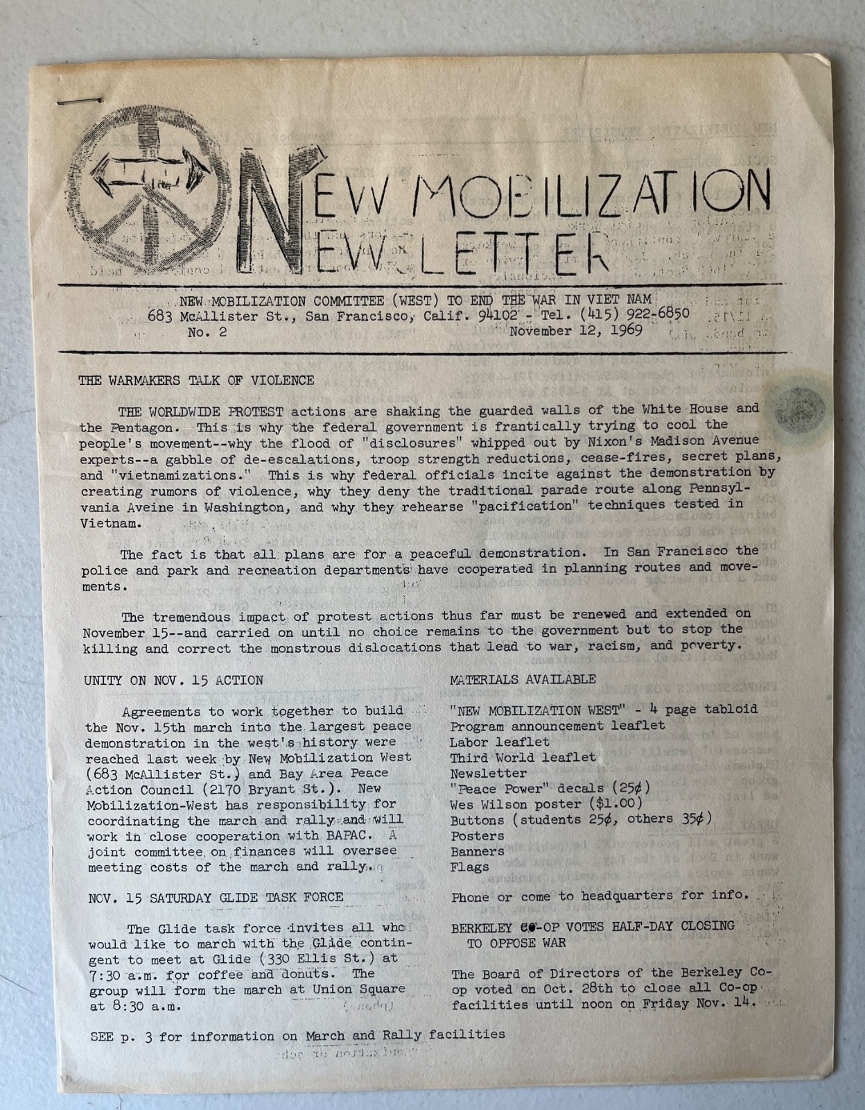 New Mobilization 1969 Newsletter & leaflets End The War In Vietnam March Protest