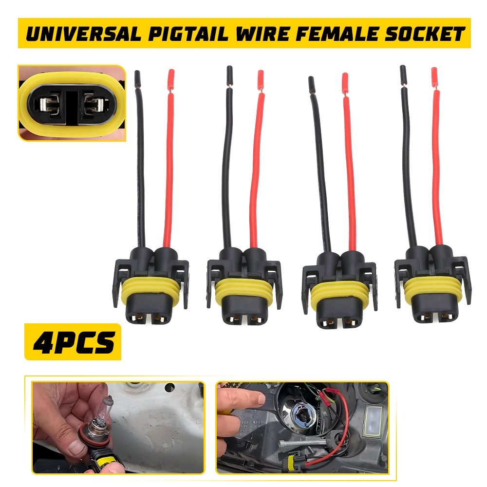 4XWire Female Pigtail H11 S Harness Two Low Headlight Socket Beam Connector Plug
