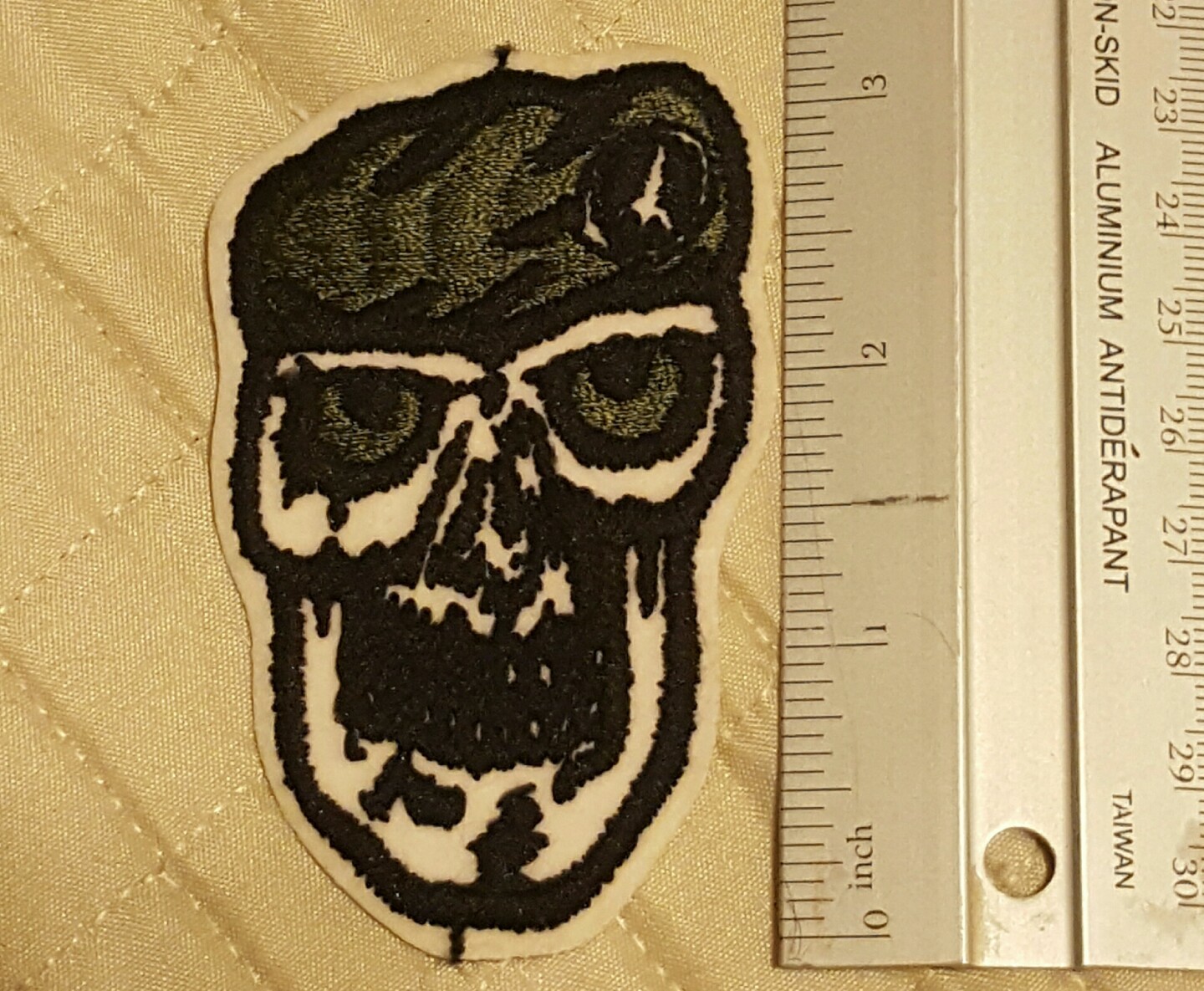 90's Vintage White skull / green beret Patch  Gothic, biker,  rock, metal, punk