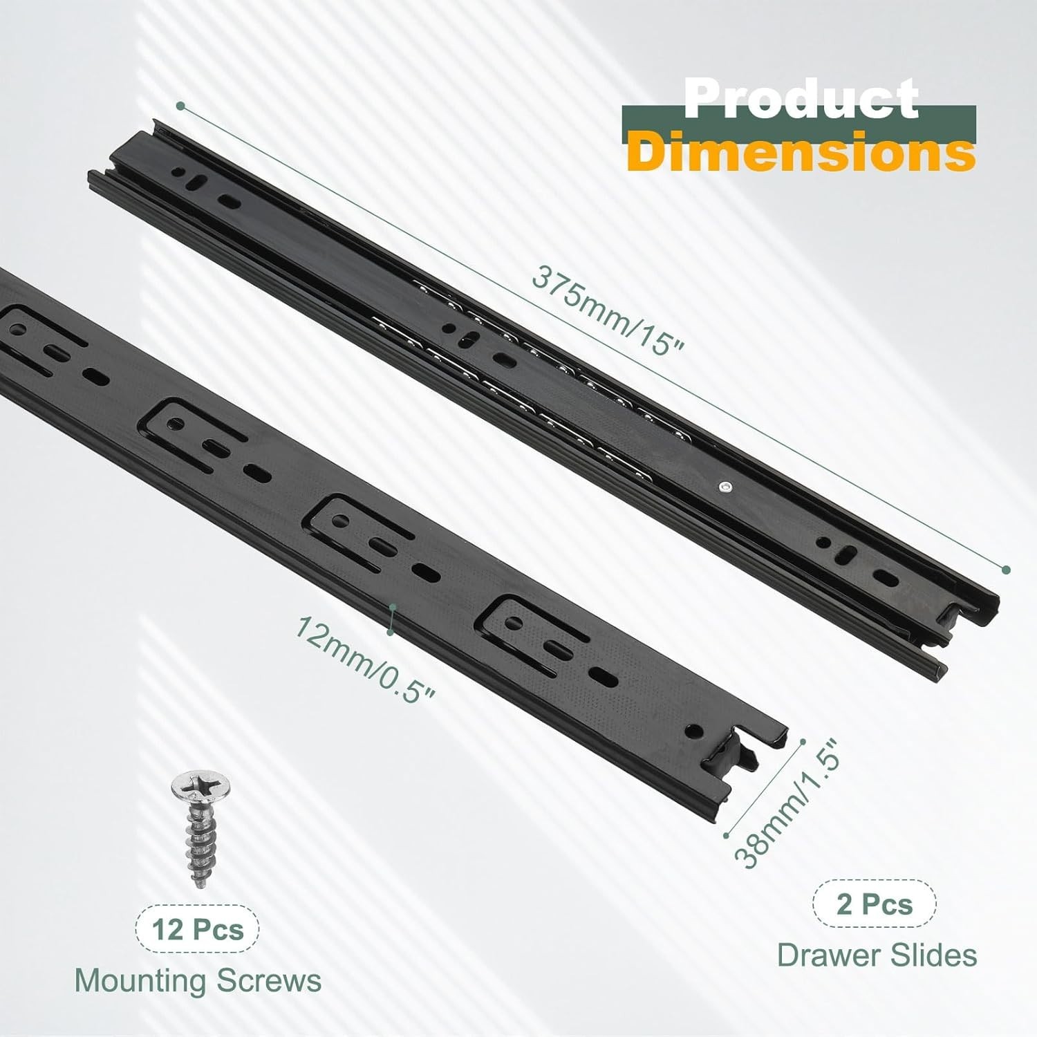 15 x 1.5 Inch Drawer Slides, 2Pcs Steel Full Extension Ball Bearing Side Moun...