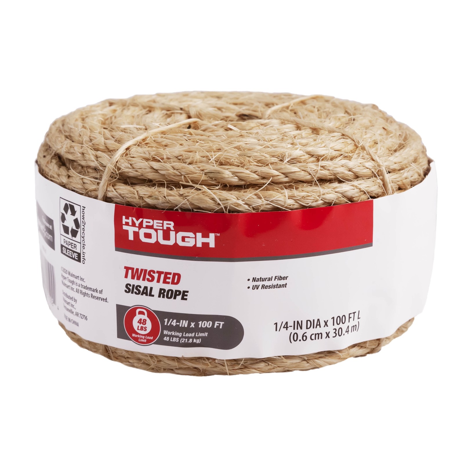 Hyper Tough Item# 8010L-HT, Sisal Twisted Rope, Natural Color, 1/4" x 100', 1 Ea