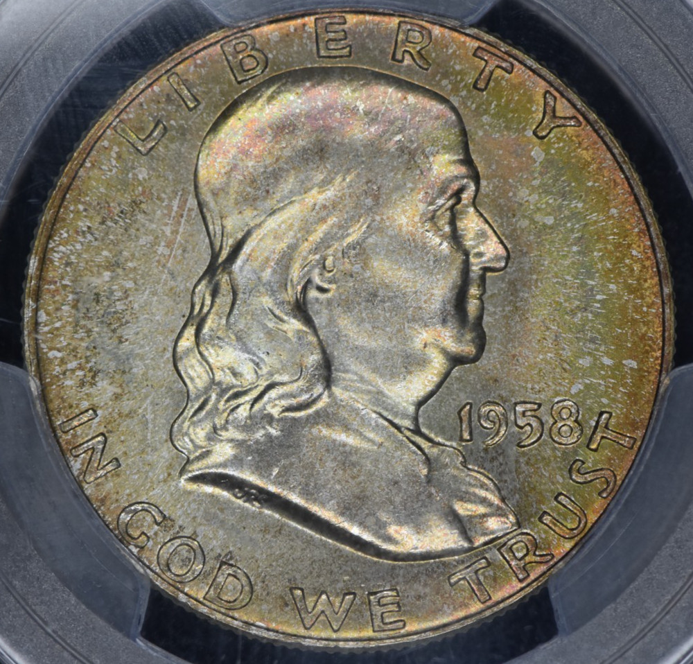 1958-D Franklin Half Dolar PCGS MS66FBL - Rainbow Toned Both Sides