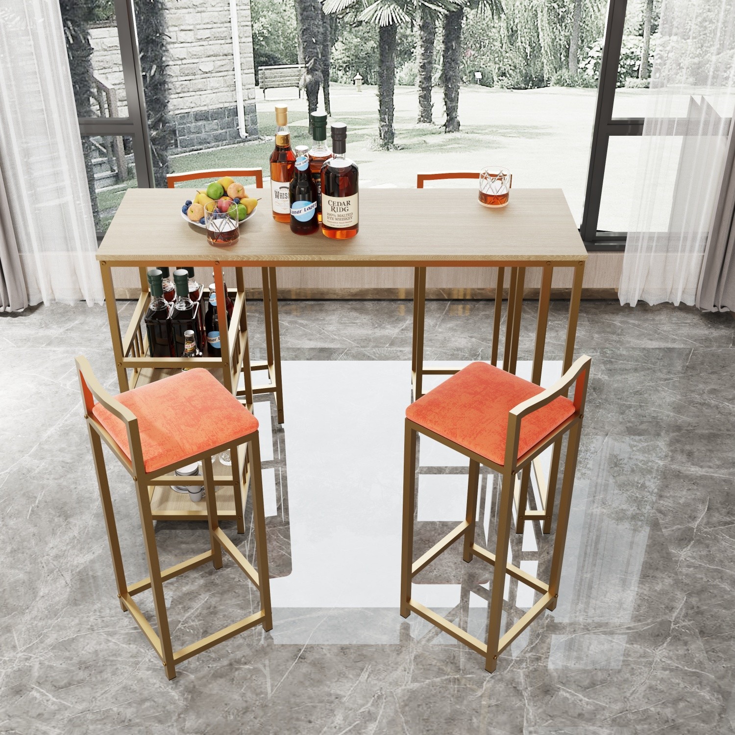 5 Piece Bar Table Set Counter Height Kitchen Rectangle Table with 4 Bar Chairs