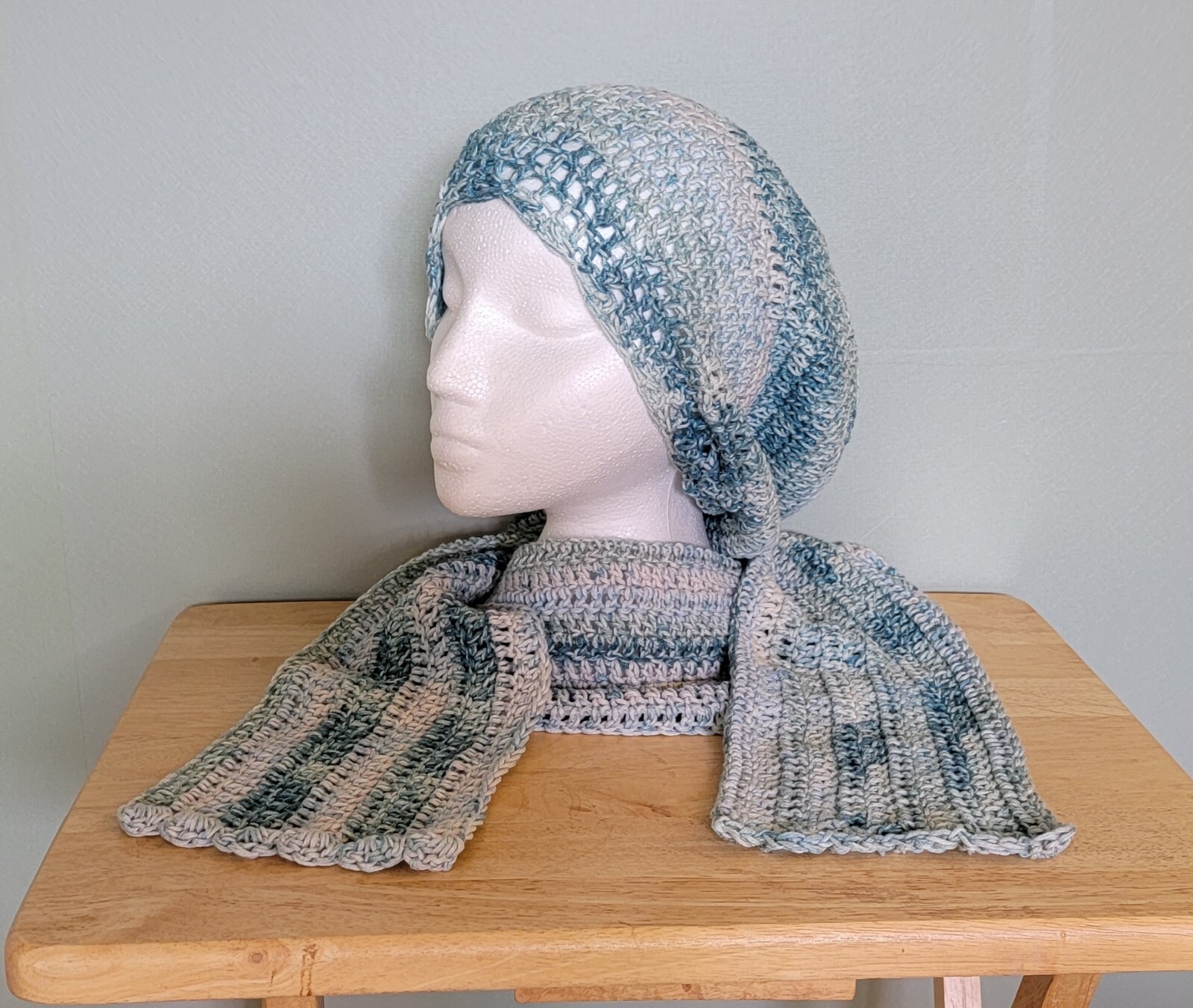 Hat Scarf Set Handmade Blue Matching Set Crochet Cotton Blend Warm Winter Spring