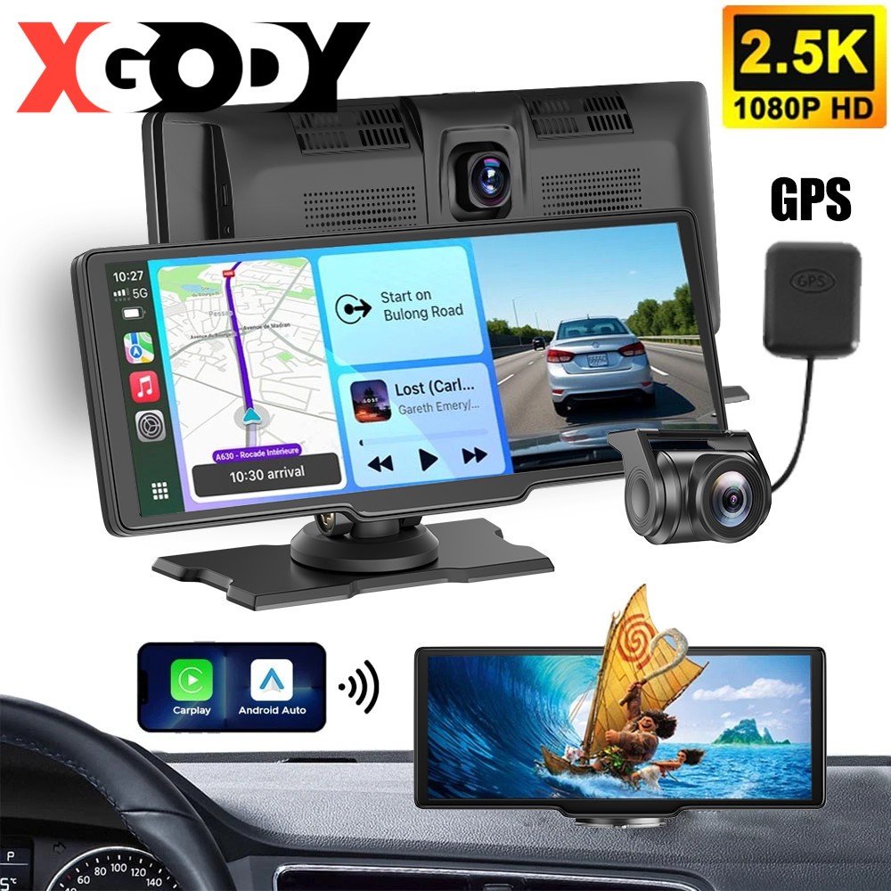 ESSGOO 10" Wireless Apple CarPlay & Android Auto Dash Cam 4K Portable Car Stereo