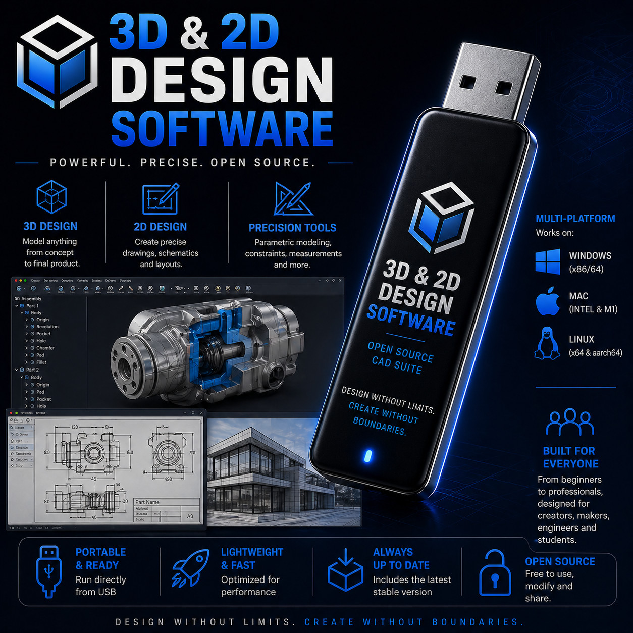 3D 2D CAD Software for Windows Mac Linux | Computer Aided Design USB - LATEST