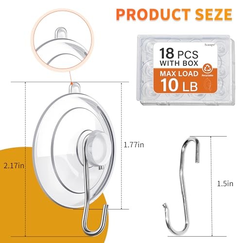 18 Pack Suction Cup Hooks Max Load 10LB, 1.77Inch Suction Cup Hook for Glass