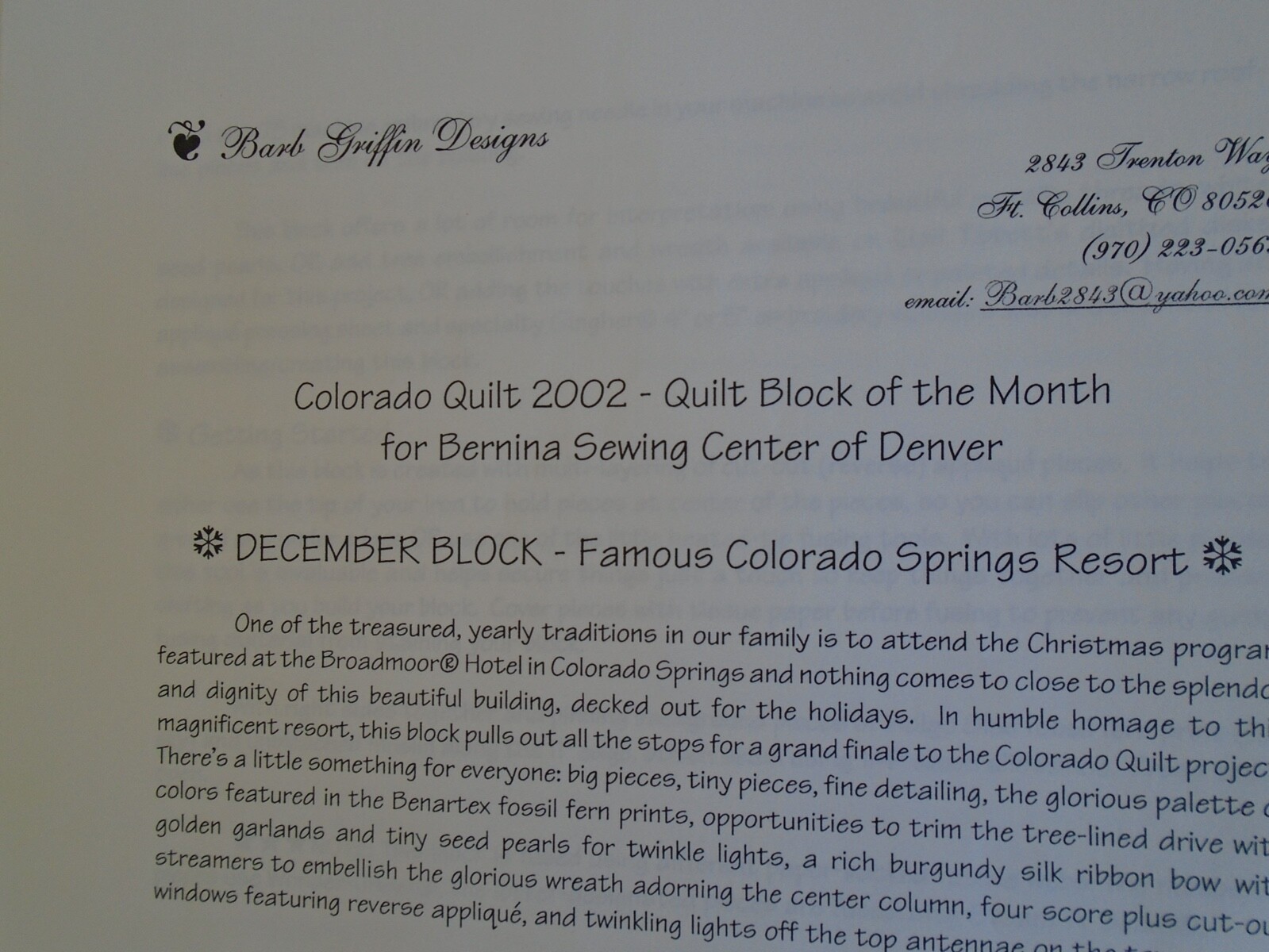 Broadmoor Hotel Colorado Quilt Pattern Bernina 2002