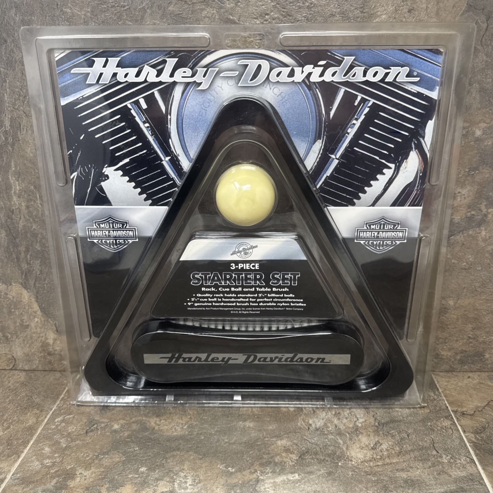 Harley-Davidson 3-Piece Billiard Starter Set Rack Cue Ball Brush New Motorcycle
