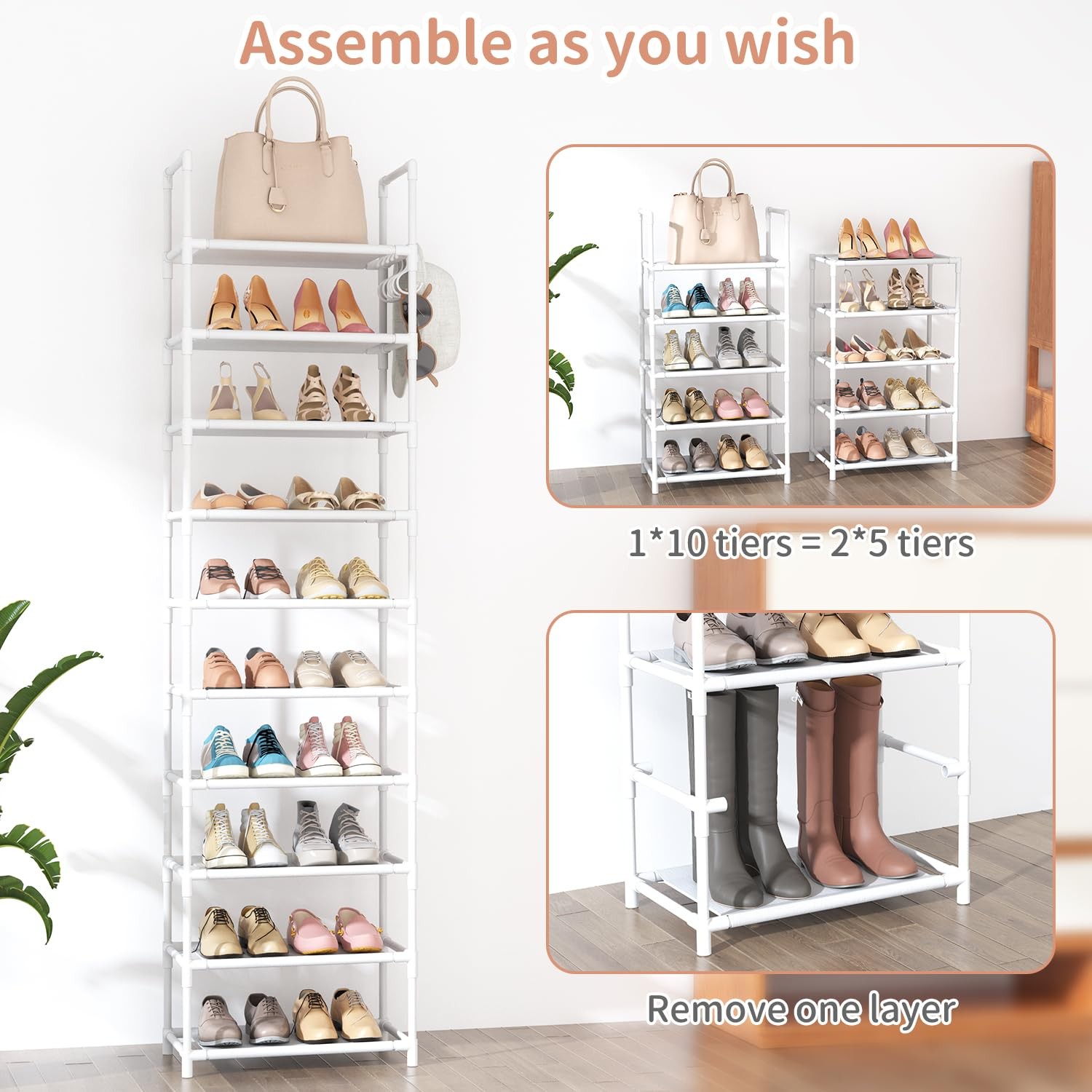 10 Tiers Tall Shoe Rack 2025 Pairs Boots Organizer Storage Sturdy Narrow Shoe...