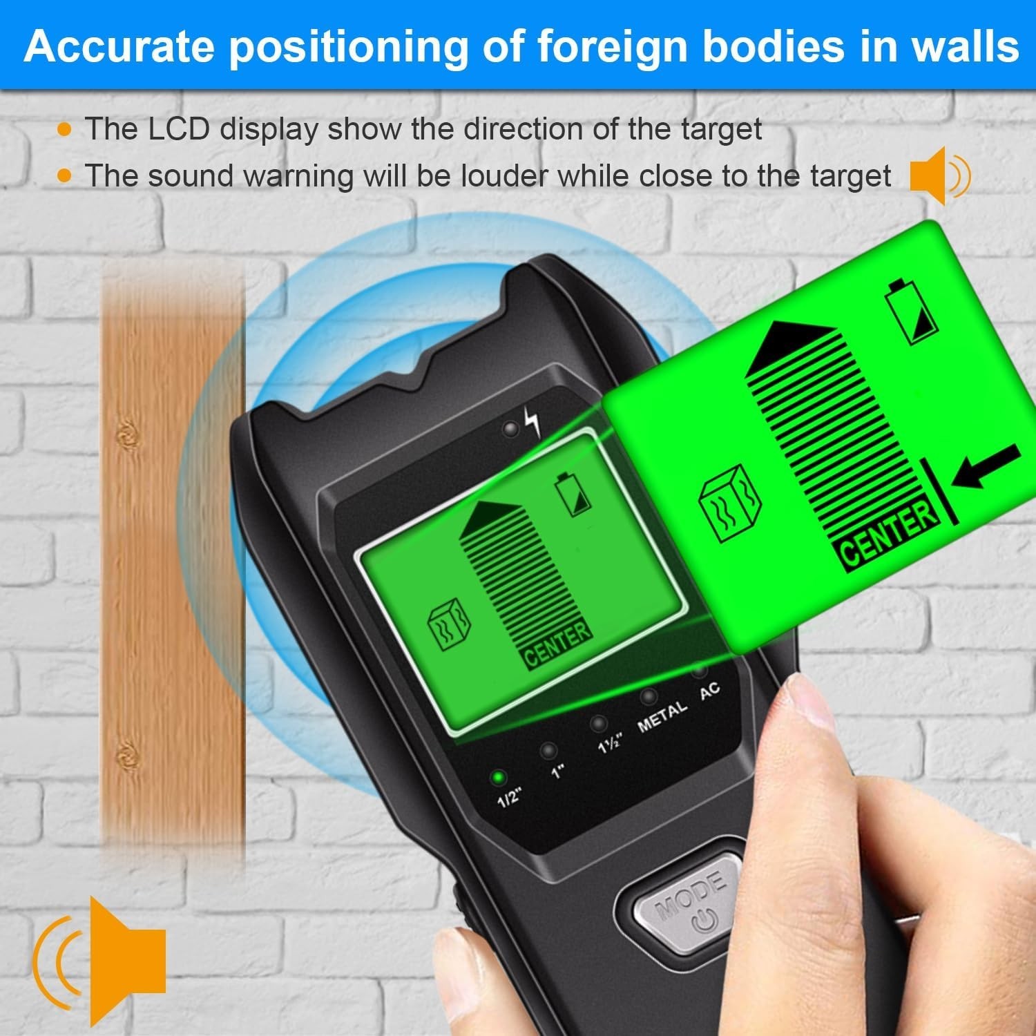 Lightweight Battery-Powered Stud Finder with Backlit LCD for Professional Use