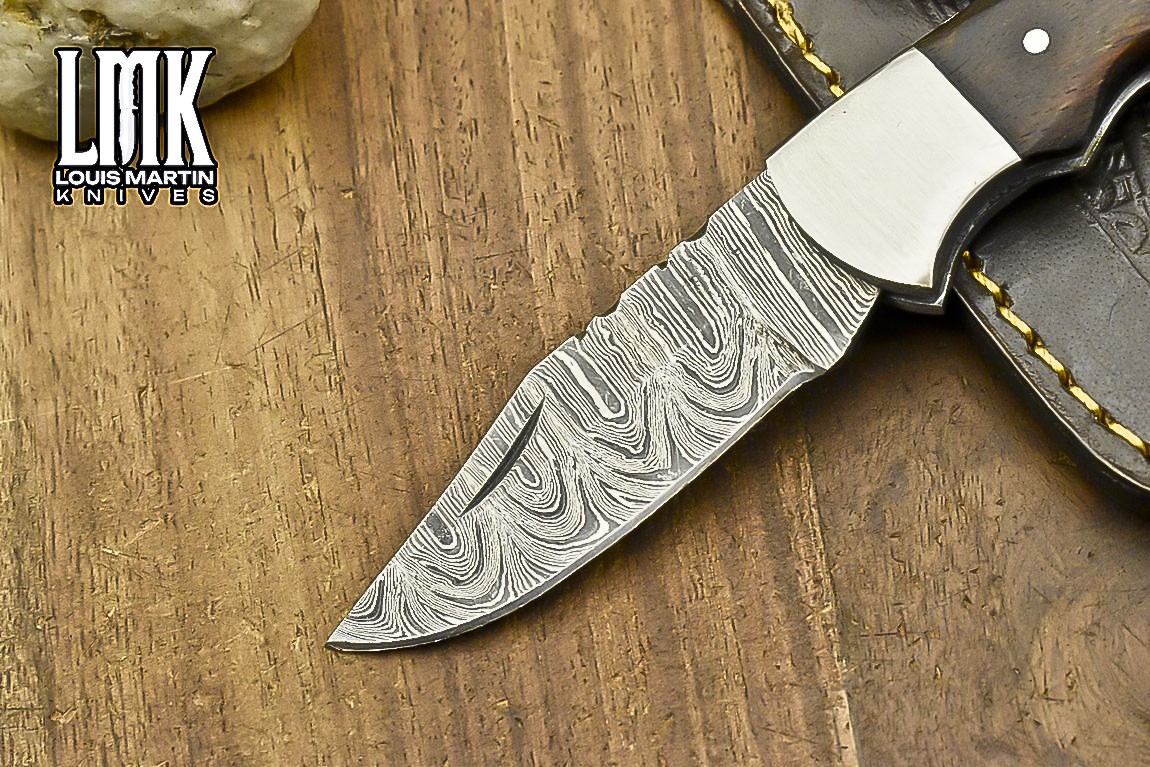 LMK Handmade Twist Damascus Folding Knife Walnut Wood Back Lock EDC