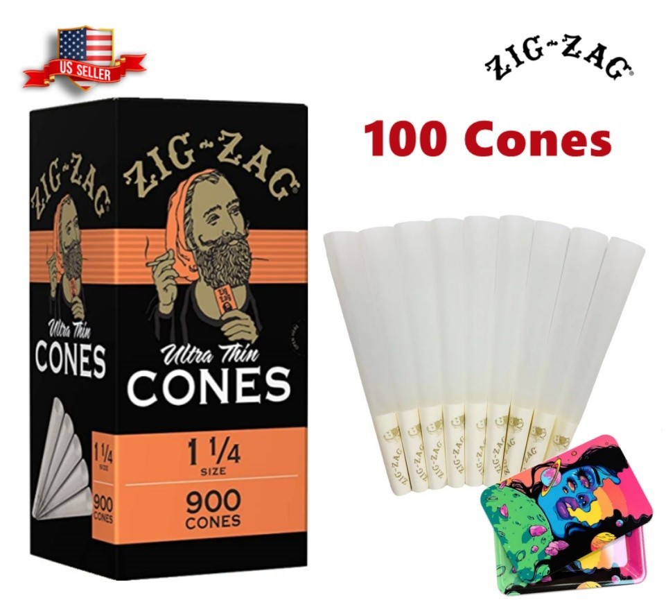 Zig-Zag® Ultra Thin Paper Cones 1 1/4 Size 100 Pack 🌟 Rolling Tray + Lid