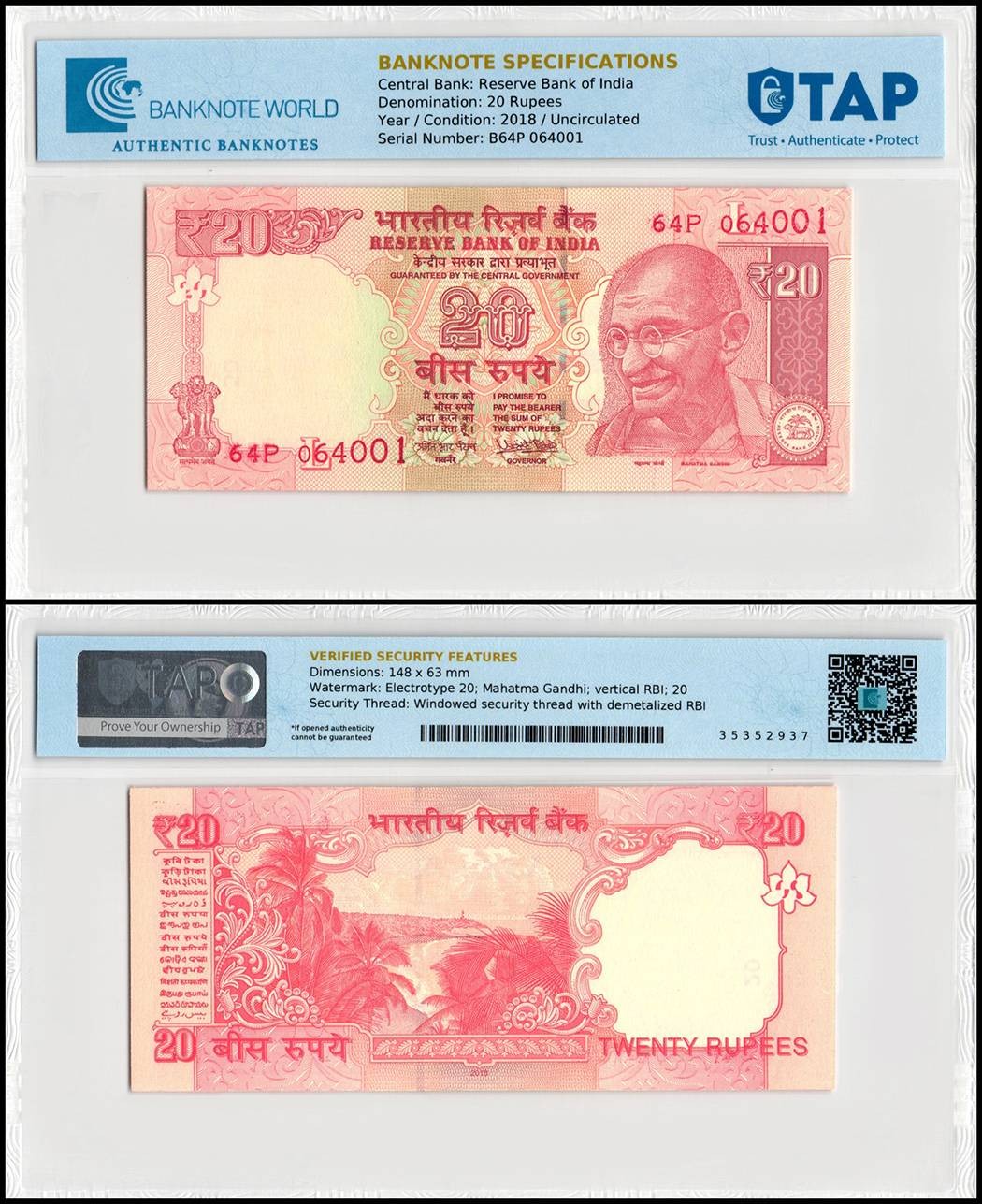India 20 Rupees, 2018, P-103ac, UNC, Plate Letter L, TAP Authenticated