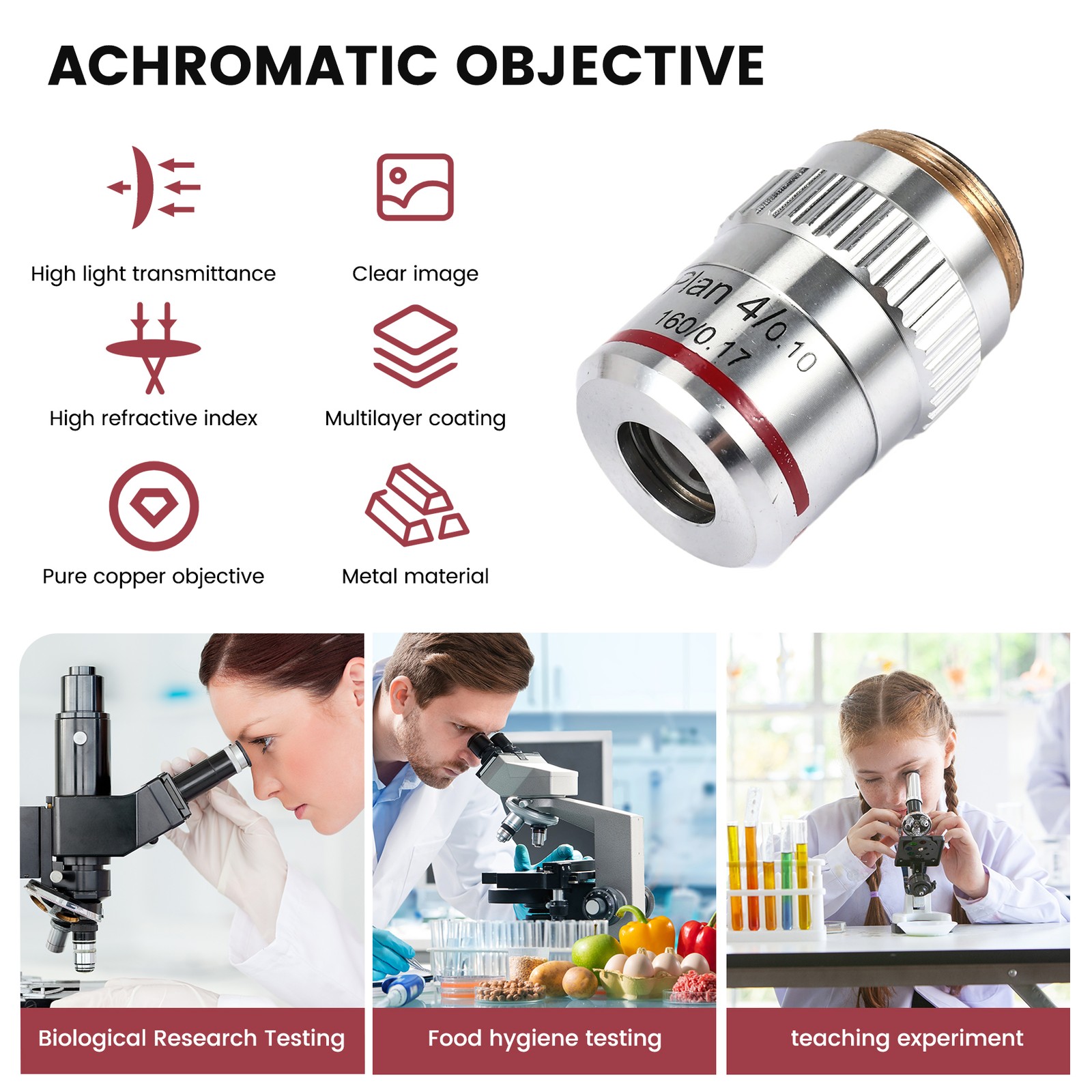Microscope Plan Achromatic Objective Lens 4X Biological Metallurgical3399
