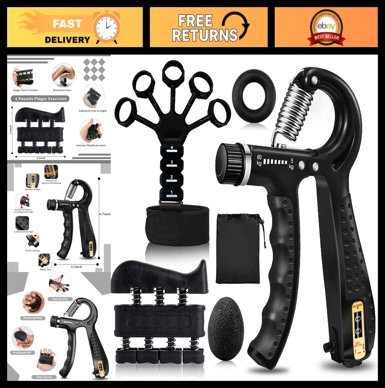 Adjustable Hand Grip Strengthener Kit - 5 Pack Finger Forearm Exerciser Set, Str