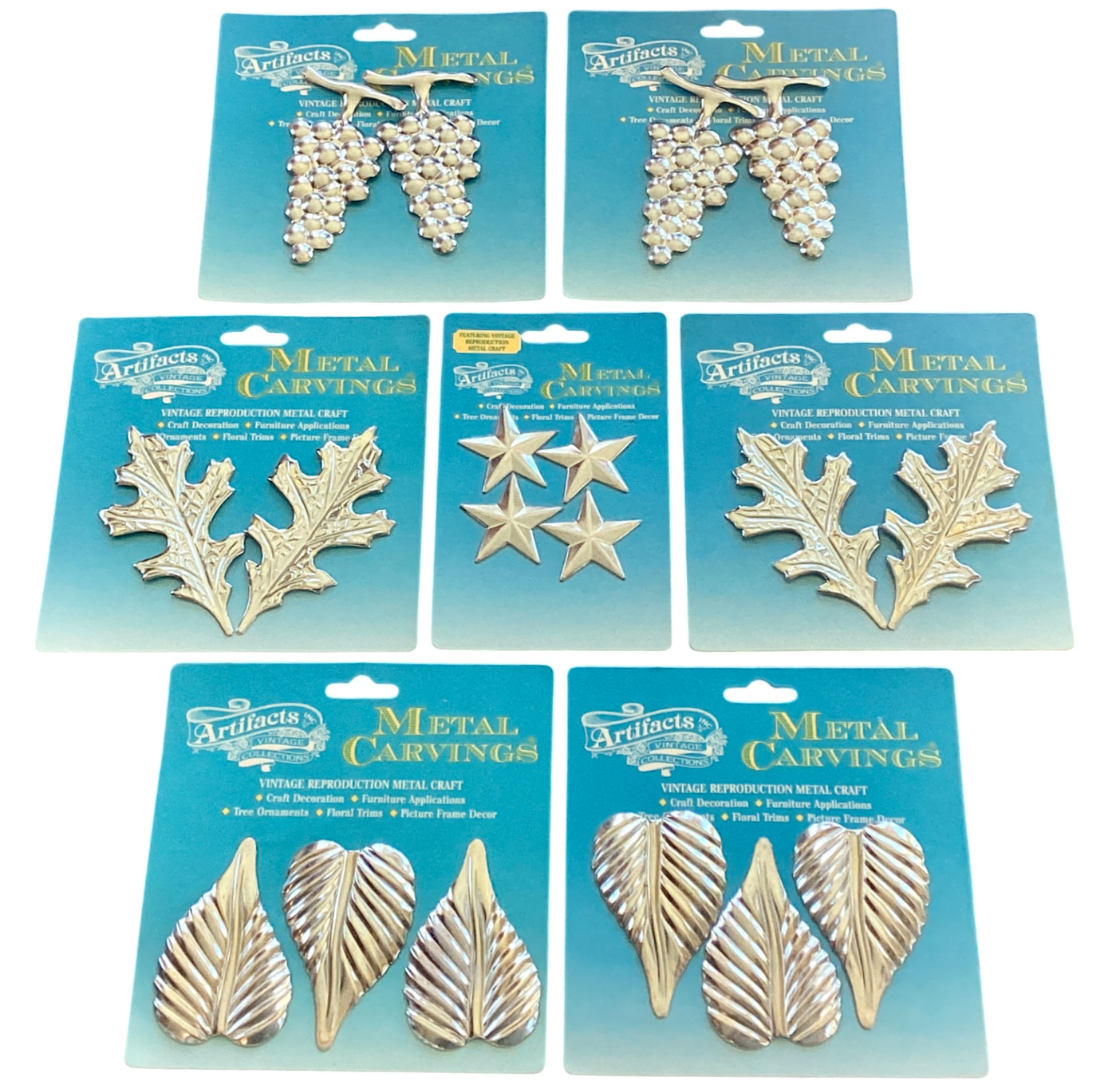 Vtg Metal Carvings Findings Furniture Crafts Silver Grapes Leaves Stars Larger