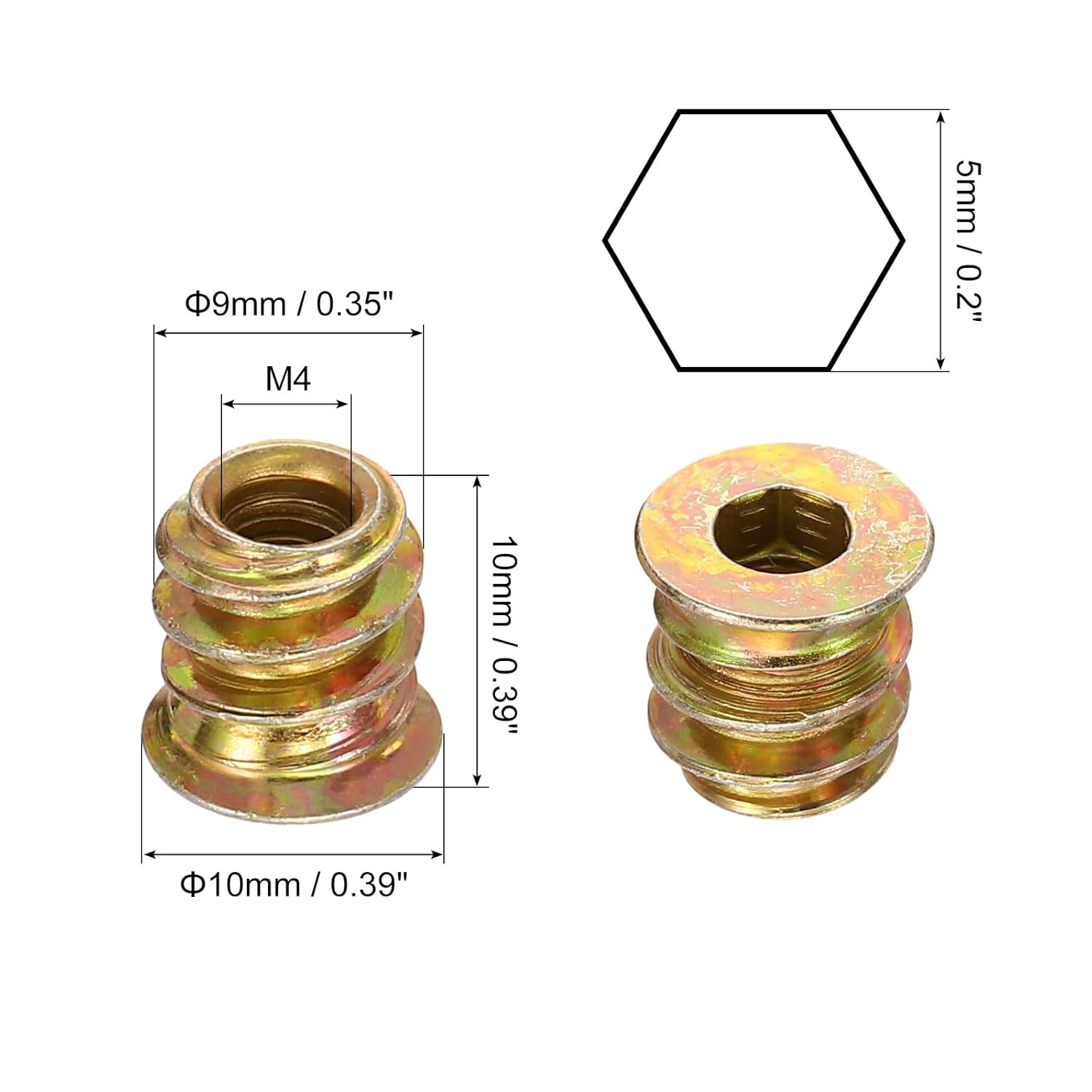 M4x10mm Threaded Insert Nuts 20pcs Hex Socket Drive Brass