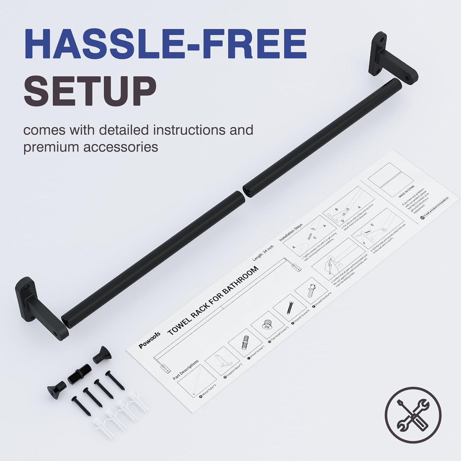 Towel Rack for Bathroom - 24" Rustproof Holder, Sturdy X-Large, Black