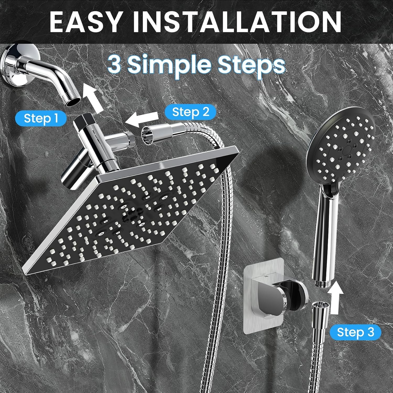 Veken High Pressure Rain Shower Head with Handheld Square Rainfall Head Set