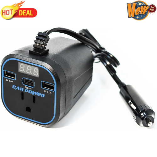 200W Car Power Inverter, 12v to 110v, Adapter with Dual USB and Type-C