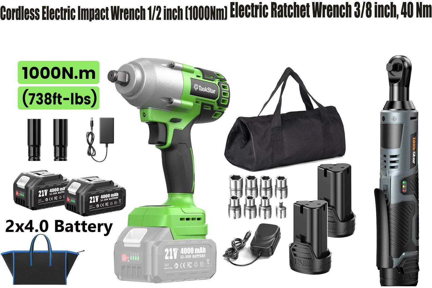 Brushless 1/2 Impact Gun 1400NM+ 3/8 Electirc Ratchet Wrench TaskStar Combo Kit