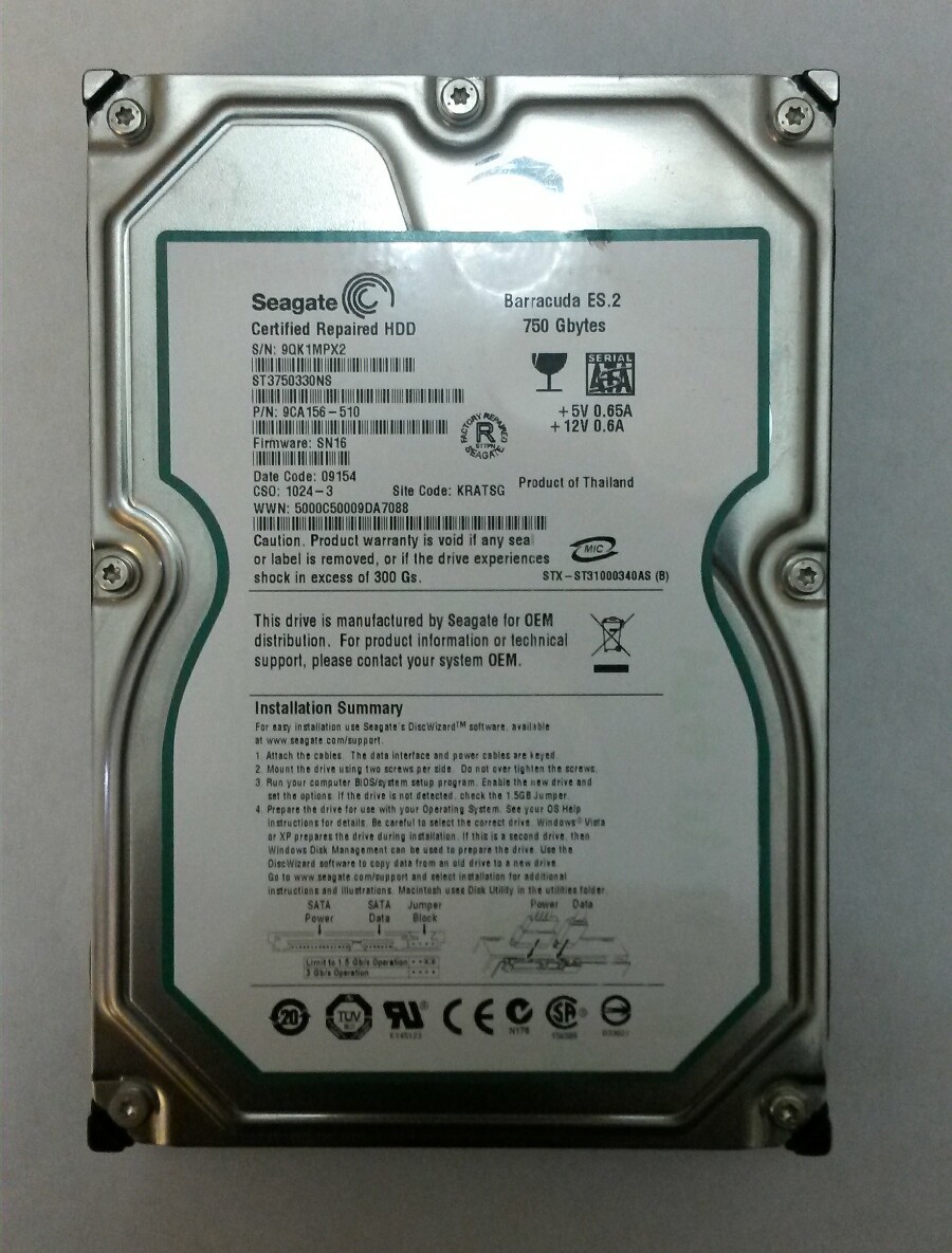 Seagate ST3750330NS 750GB SATA Drive P/N:9CA156-510 F/W:SN16 Site:KRATSG