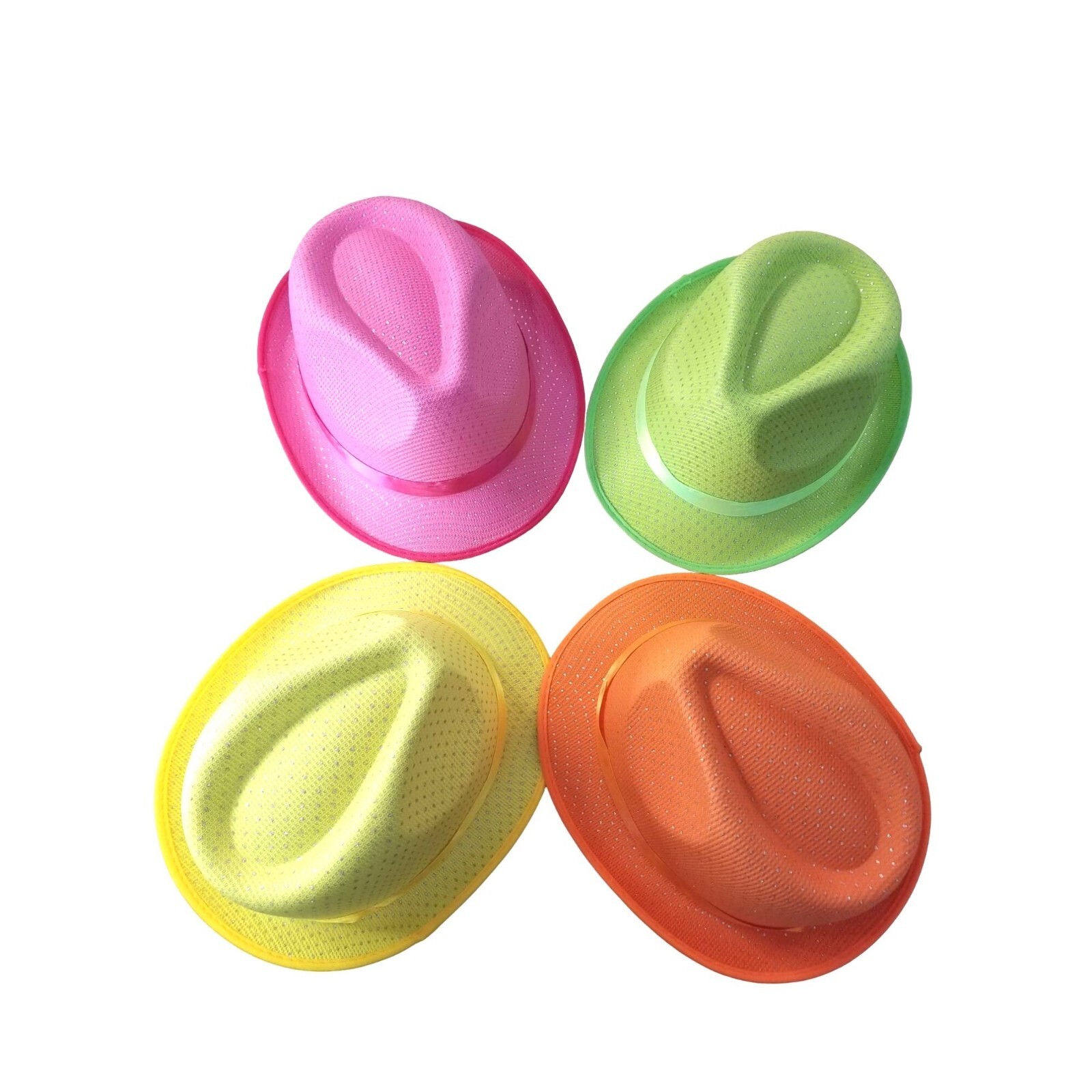 Fedora Hats 4 Colorful Cloth Sparkly Pink Lime Yellow Orange Costume Party Hats