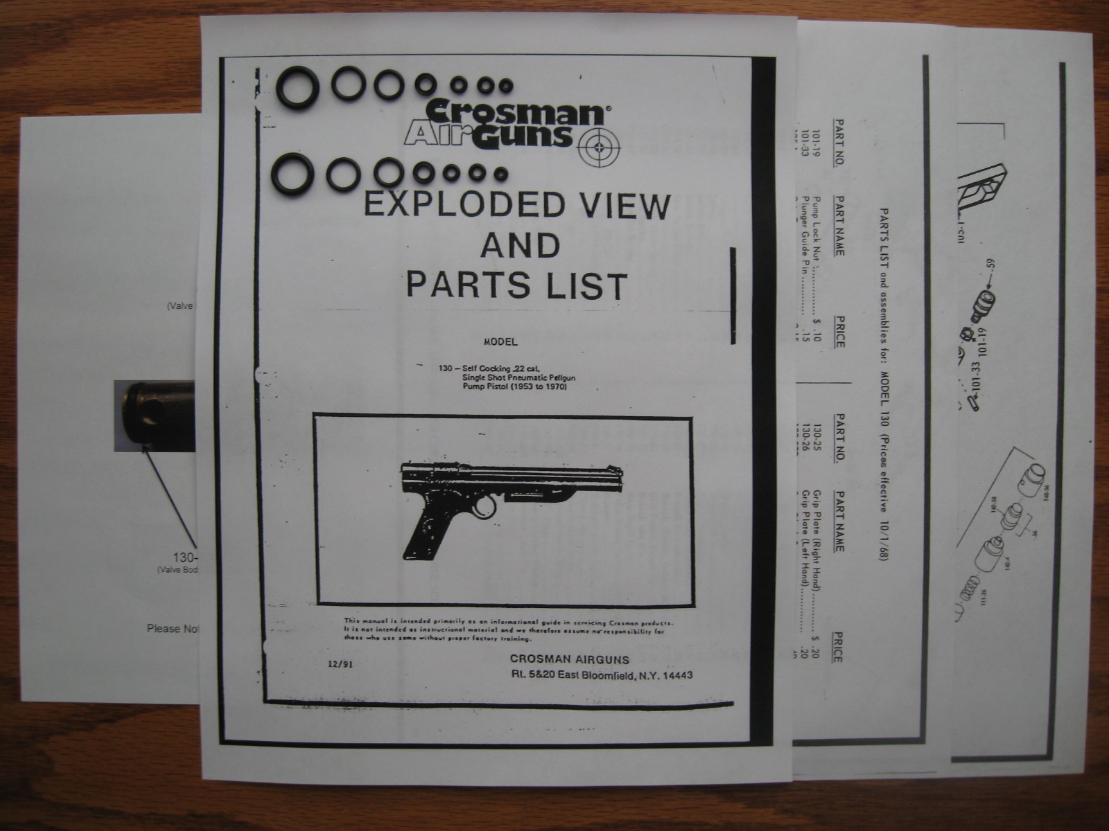 Crosman 130 137 Pistol Two O-Ring Seal Kits + Exploded View + Parts List + Guide